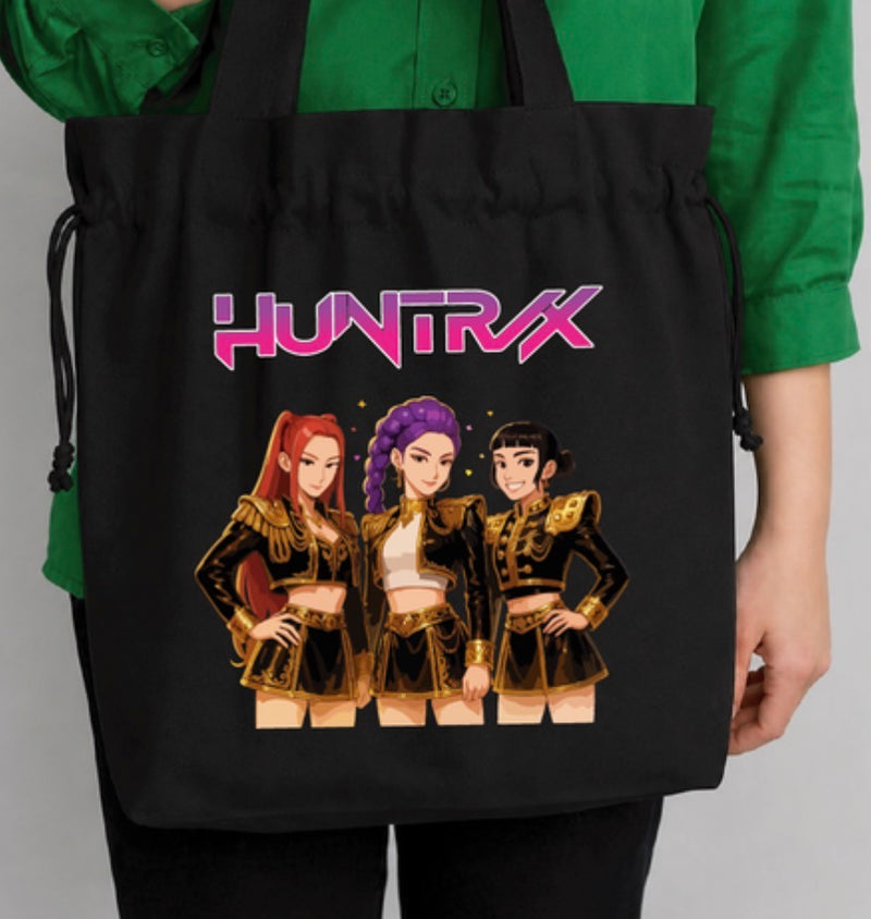 HuntrX Golden Outfits Drawstring Tote Bag, Black