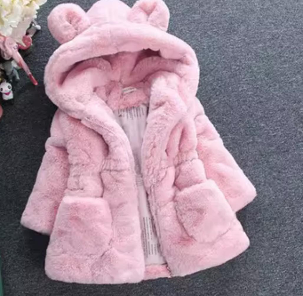 Bear Ears Faux Fur Kids Jacket, Pink