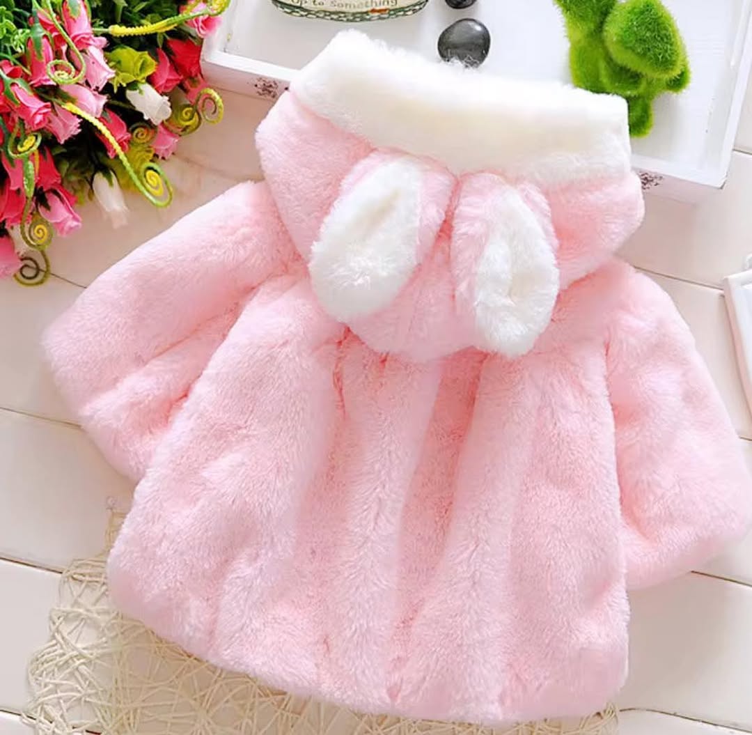 Bunny Ears Faux Fur Kids Jacket, Pink