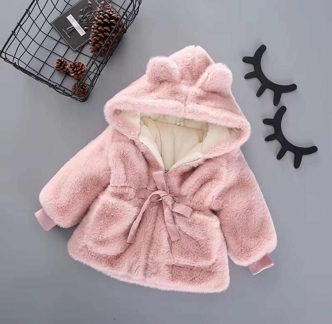 Bear Ears Faux Fur Belted Kids Jacket, Pink