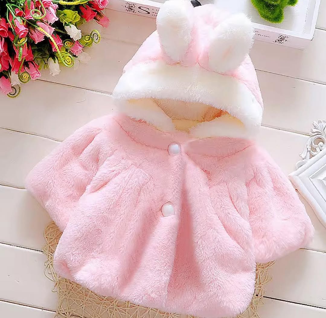Bunny Ears Faux Fur Kids Jacket, Pink
