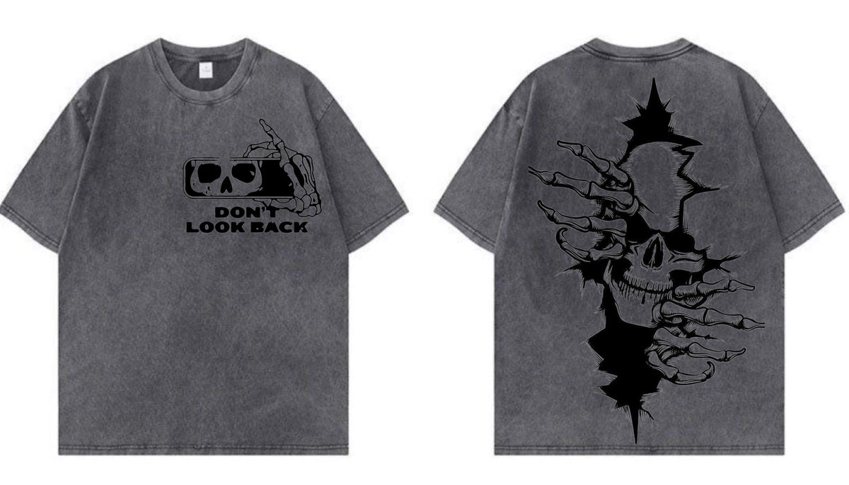 YS Oversized T-shirt, Don't Look Back Skull, Washed Grey