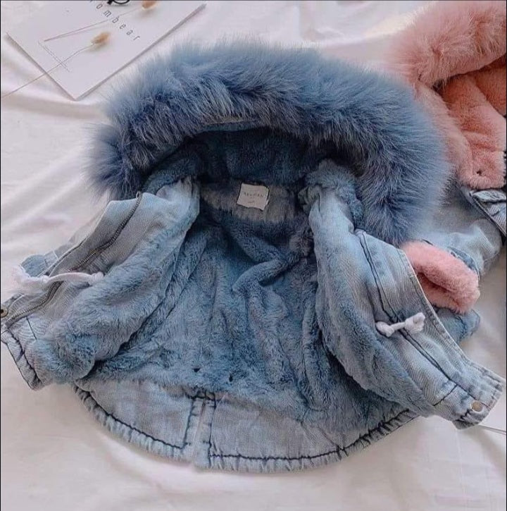Faux Fur Hooded Denim Jacket
