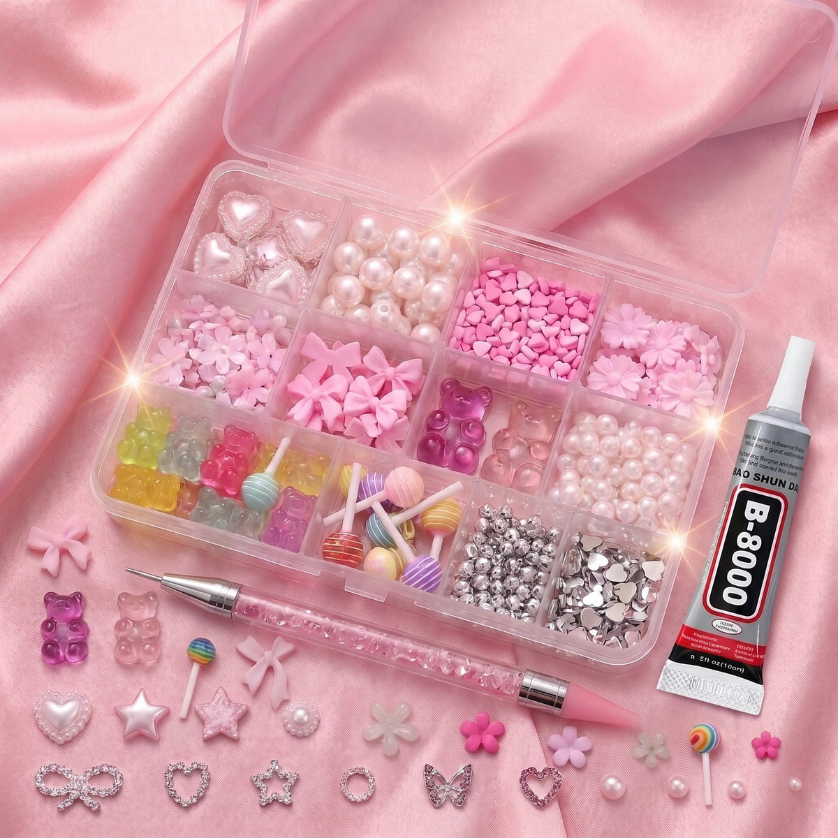 Bedazzling Charm Kit, Pink: box, pen and glue