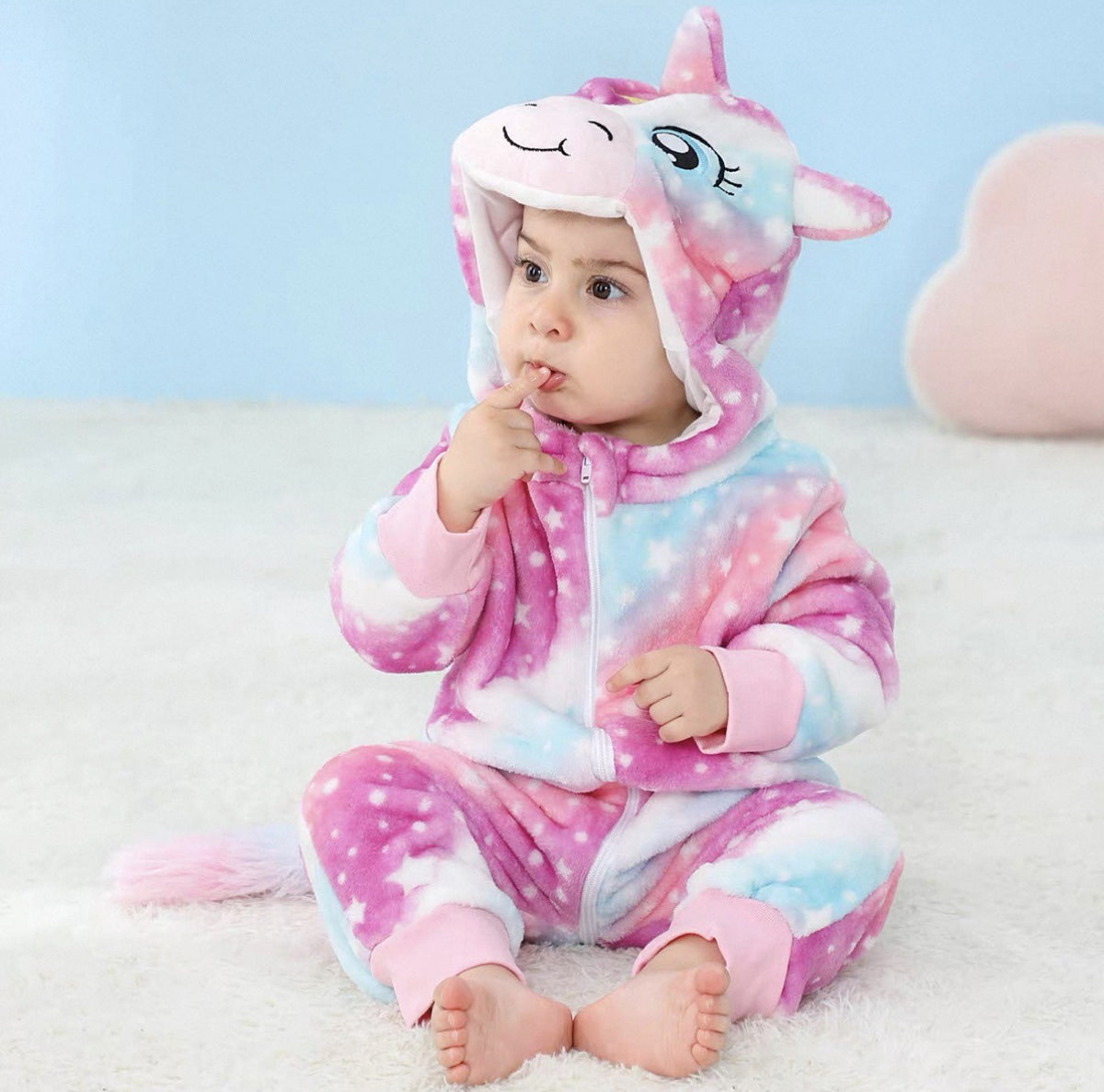 Pastel Unicorn Kids Jumpsuit, hood detail