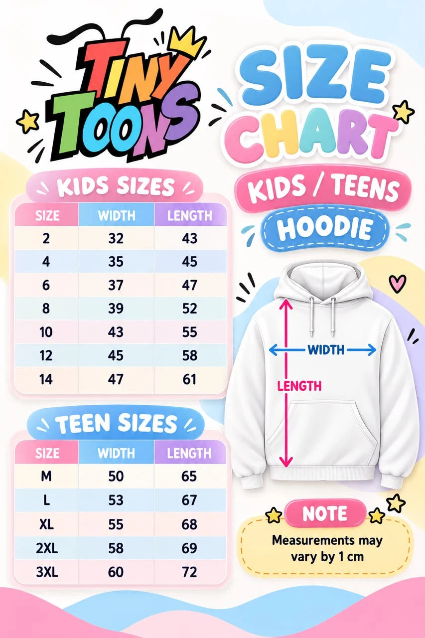Tiny Toons hoodie size chart – Kids 2–14 & Teen M–3XL